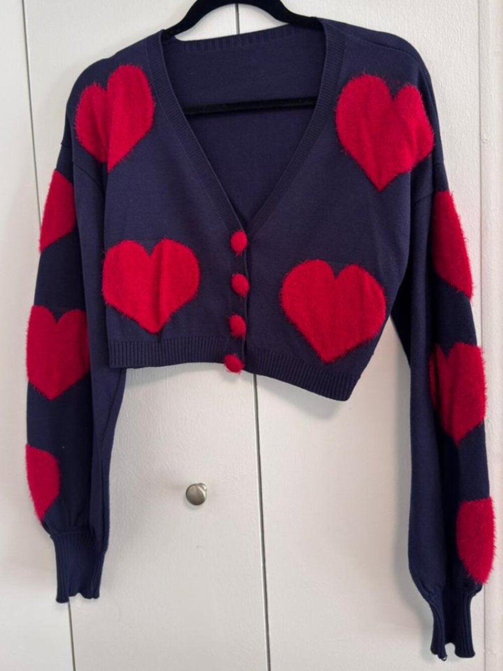 Navy Cardigan with Red Heart Appliqués (Cropped)
